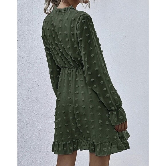 Long Sleeve Mini Dress Small Army Green Polka Dot Olive Sheer Tie VNeck - Picture 2 of 15